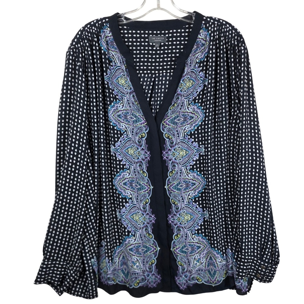 The Limited Blouse Paisley Geometric Hidden Button Black 3X Boho, Office, Career